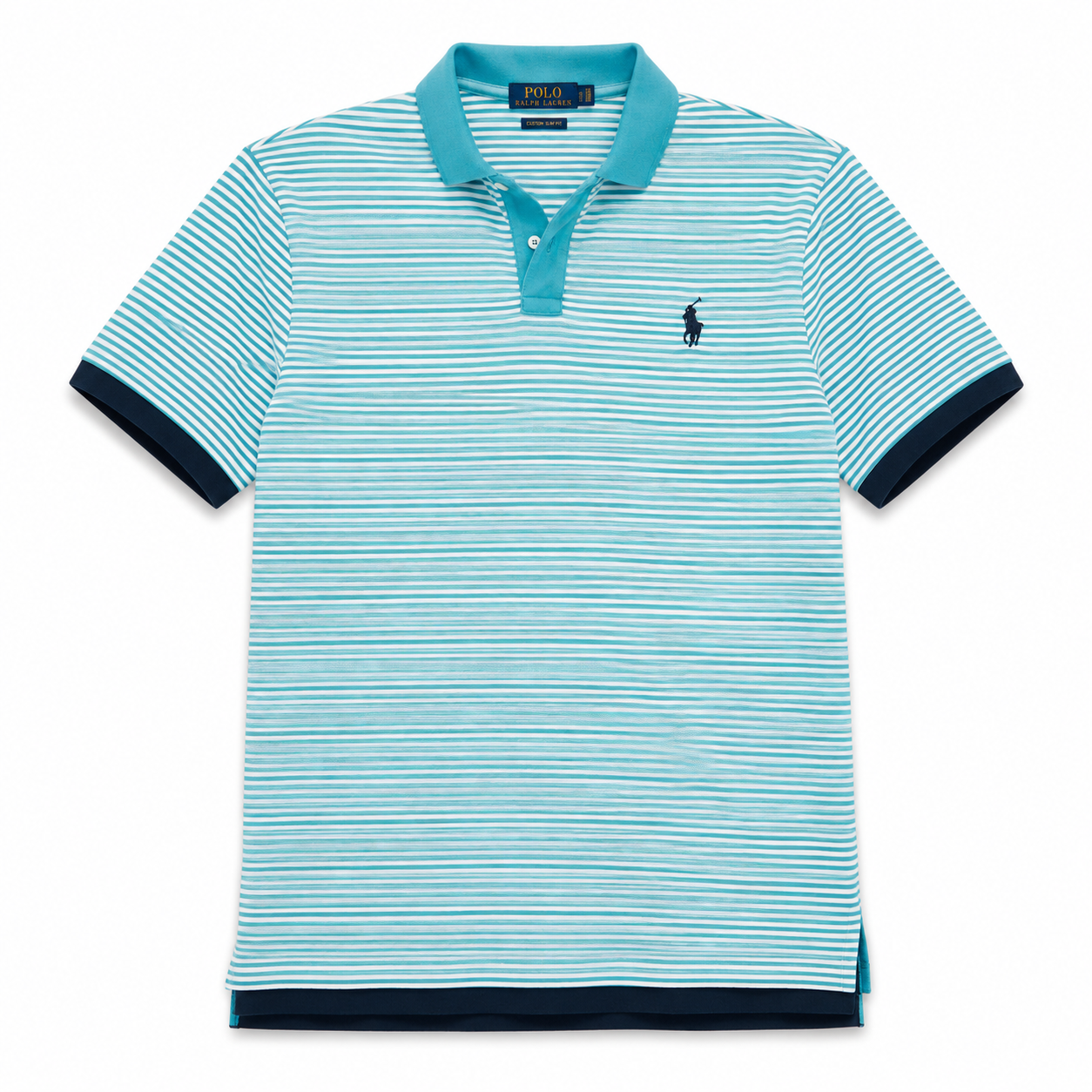 Authentic Ralph Lauren Turquoise White Striped Polo Shirt Navy Pony Logo