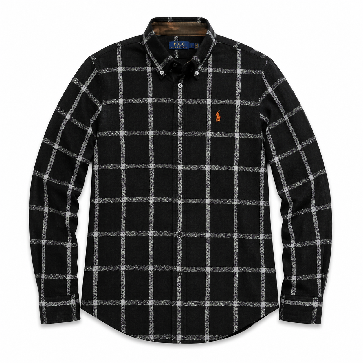 Authentic Ralph Lauren Black Grey Check Long Sleeve Shirt Orange Pony Logo