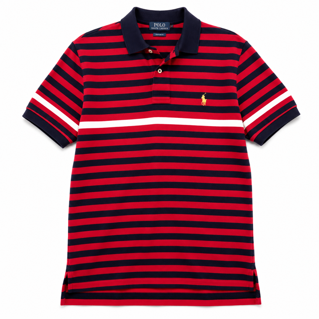 Authentic Polo Ralph Lauren Red & Navy Striped Polo Shirt Yellow Pony Size S