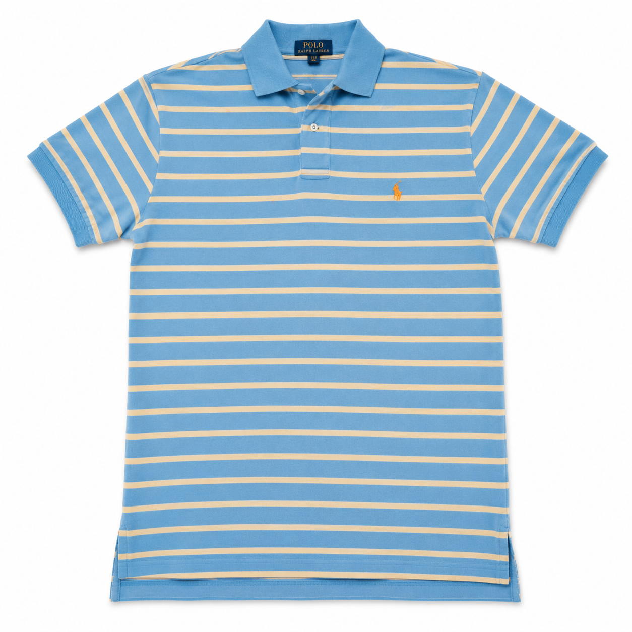 Authentic Polo Ralph Lauren Blue Striped Polo Shirt Orange Pony Size L