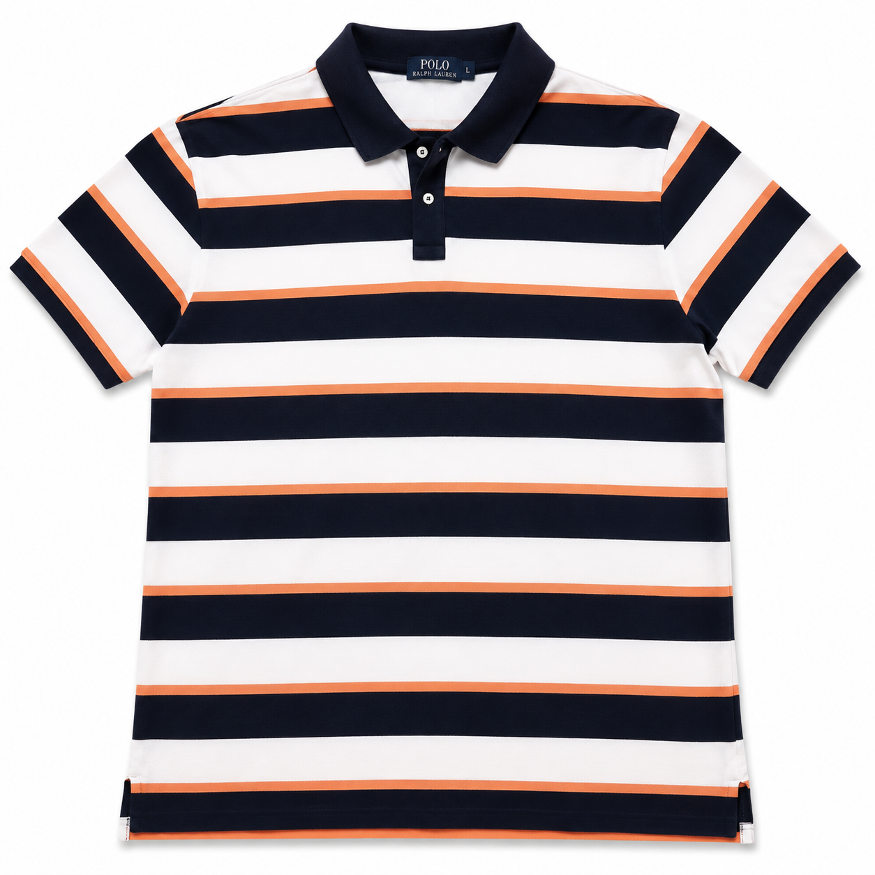 Authentic Polo Ralph Lauren White Navy Striped Polo Shirt Orange Trim Size L