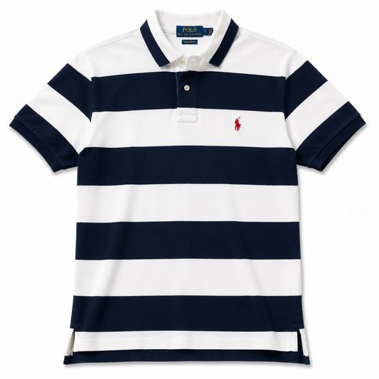 Authentic Polo Ralph Lauren White Navy Striped Polo Shirt Red Pony Size XL