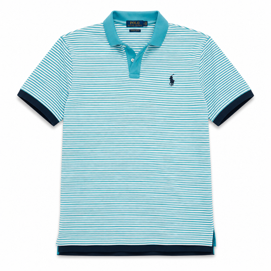Authentic Ralph Lauren Turquoise White Striped Polo Shirt Navy Pony Logo