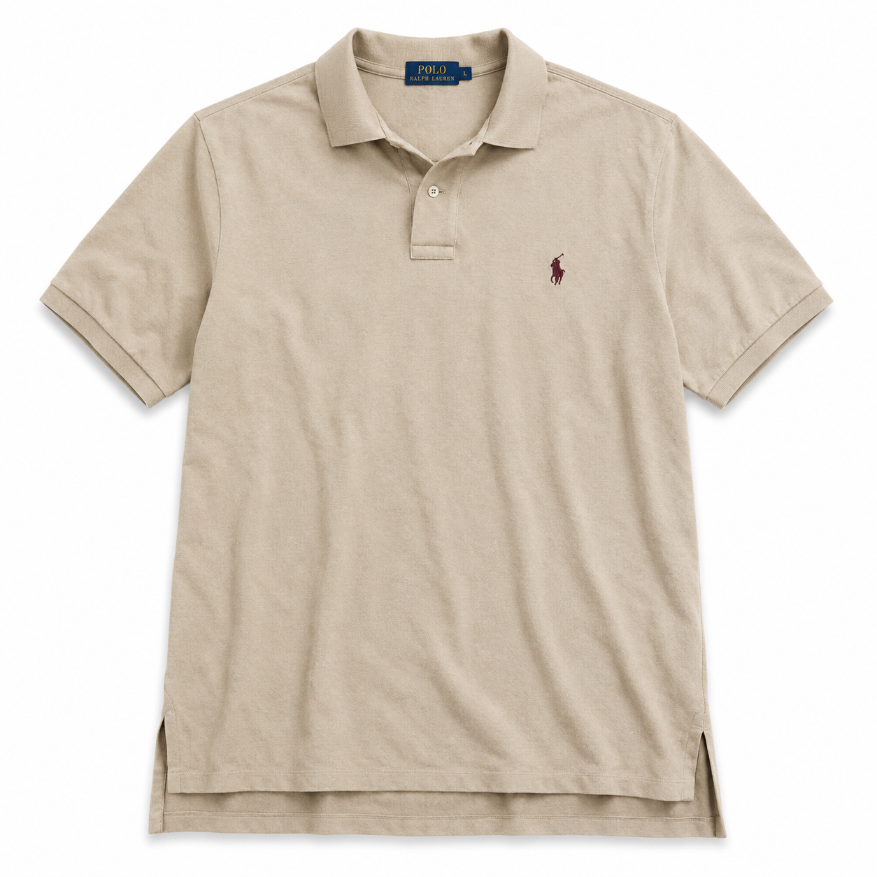 Authentic Ralph Lauren Beige Polo Shirt Burgundy Pony Logo
