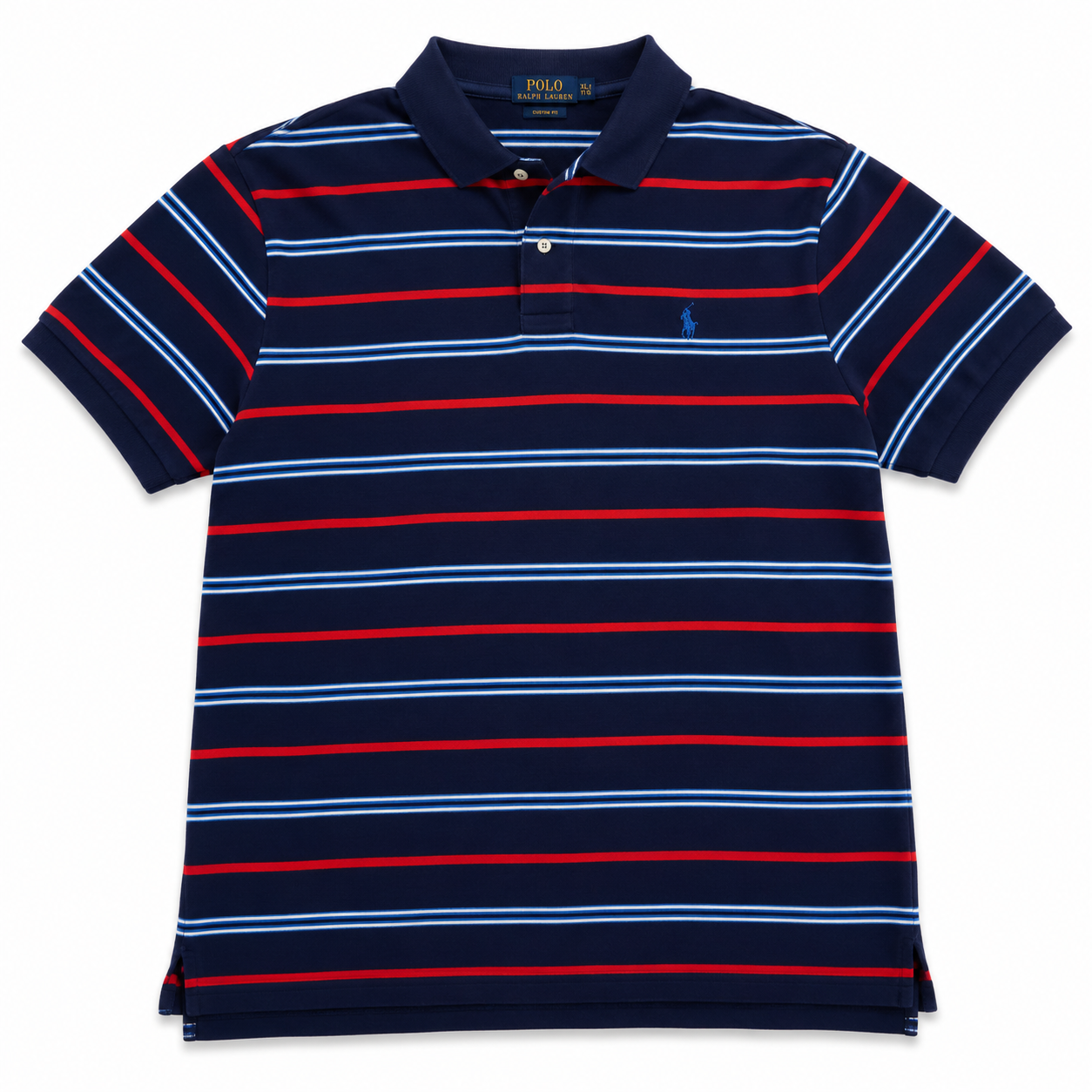 Authentic Ralph Lauren Navy Striped Polo Shirt Blue Pony Logo