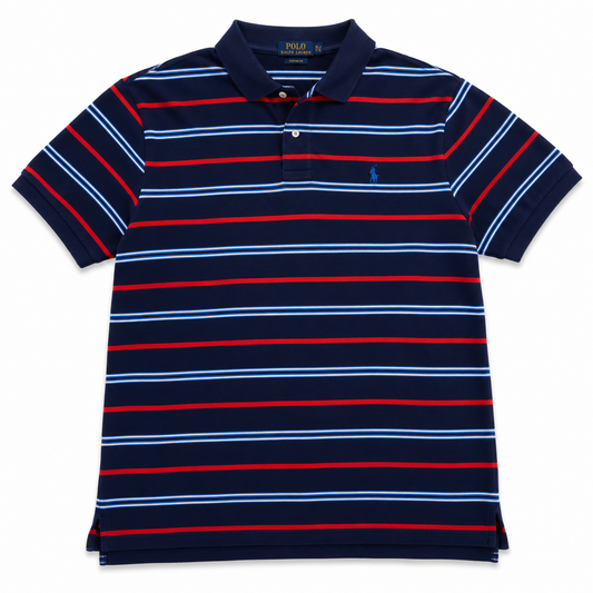 Authentic Ralph Lauren Navy Striped Polo Shirt Blue Pony Logo