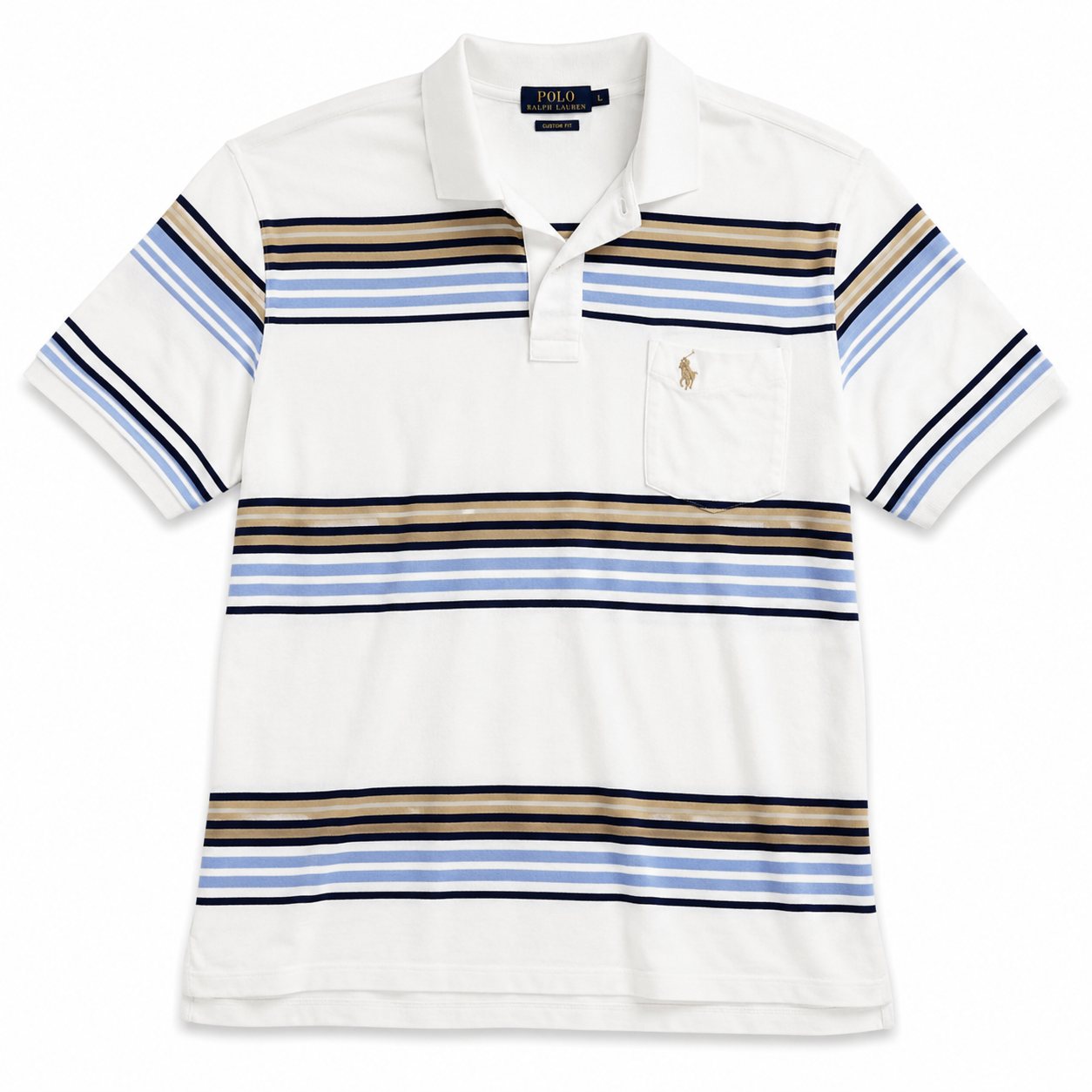 Authentic Ralph Lauren White Striped Polo Shirt Pocket Gold Pony Logo