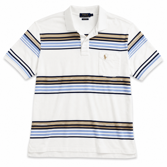 Authentic Ralph Lauren White Striped Polo Shirt Pocket Gold Pony Logo