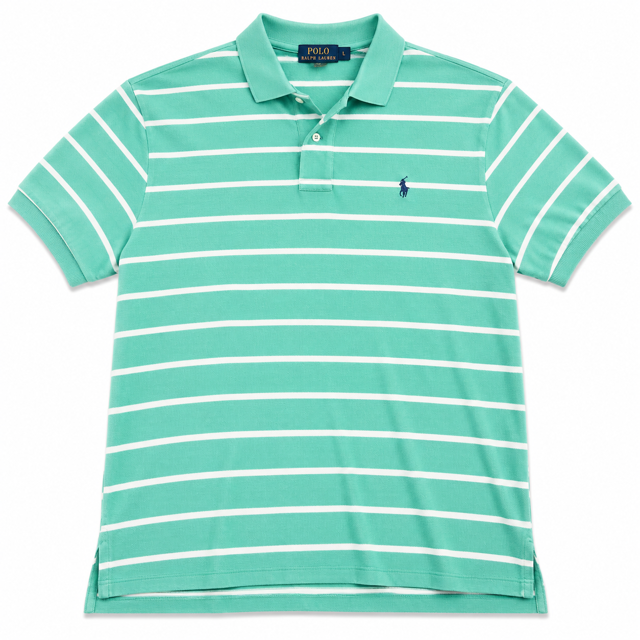 Authentic Ralph Lauren Green White Striped Polo Shirt Navy Pony Logo