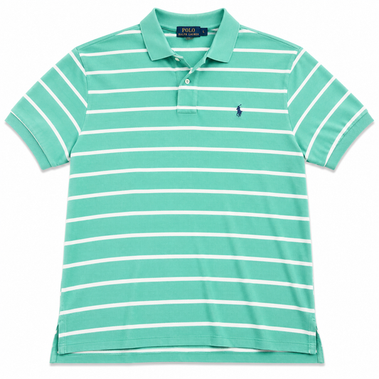 Authentic Ralph Lauren Green White Striped Polo Shirt Navy Pony Logo