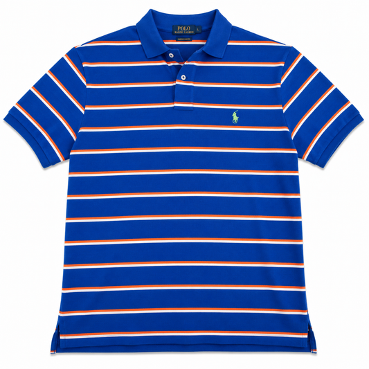 Authentic Ralph Lauren Blue Striped Polo Shirt Green Pony Logo
