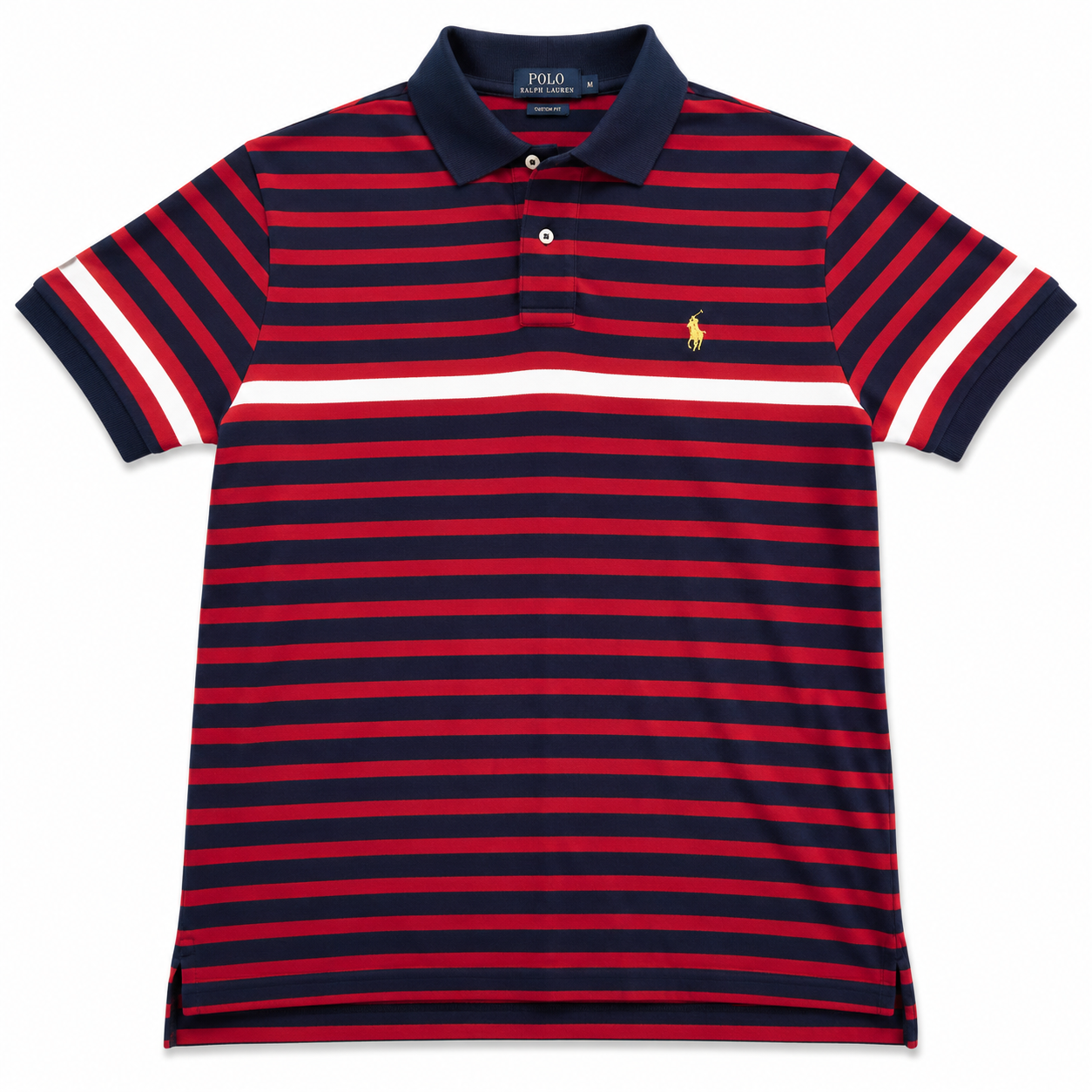 Authentic Ralph Lauren Navy Red Striped Polo Shirt Yellow Pony Size S