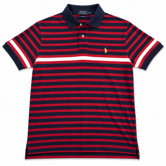 Authentic Ralph Lauren Navy Red Striped Polo Shirt Yellow Pony Size S