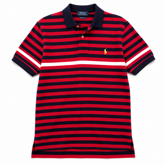 Authentic Polo Ralph Lauren Red & Navy Striped Polo Shirt Yellow Pony Size S