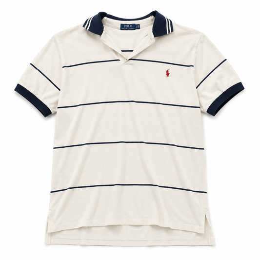 Authentic Polo Ralph Lauren White & Navy Striped Polo Shirt Red Pony Size XL