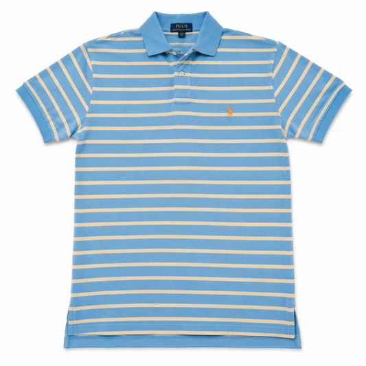 Authentic Polo Ralph Lauren Blue Striped Polo Shirt Orange Pony Size L