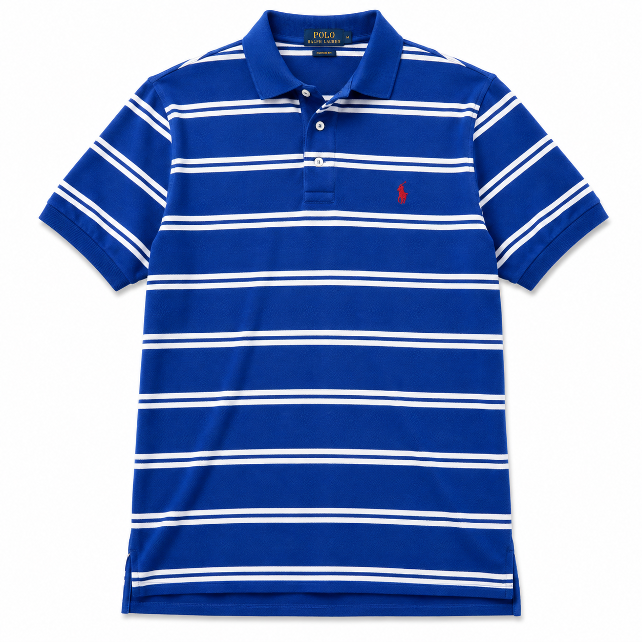 Authentic Polo Ralph Lauren Blue Striped Polo Shirt Red Pony Size M