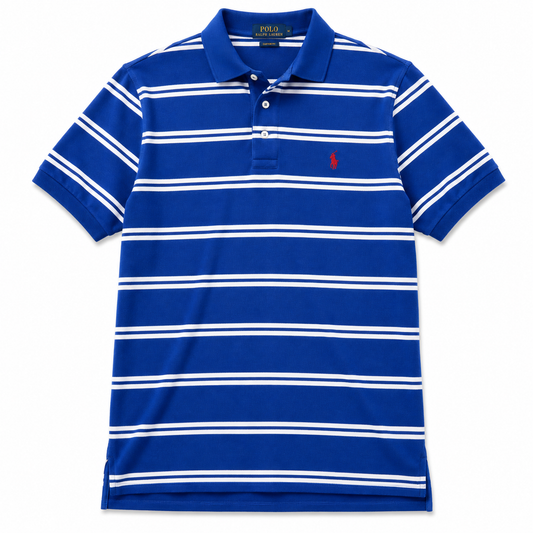 Authentic Polo Ralph Lauren Blue Striped Polo Shirt Red Pony Size M