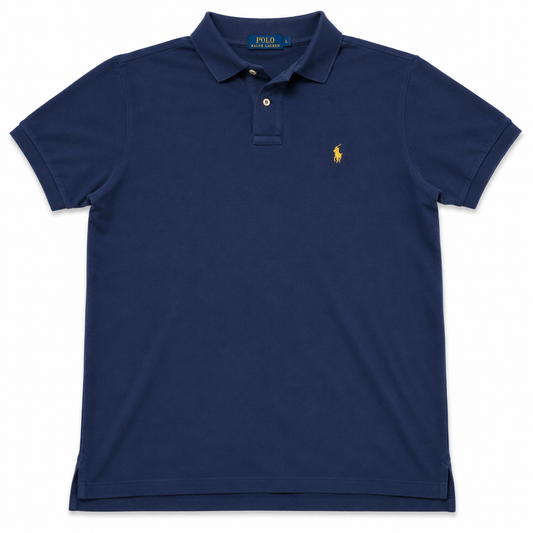 Authentic Polo Ralph Lauren Navy Blue Polo Shirt Yellow Pony Size L