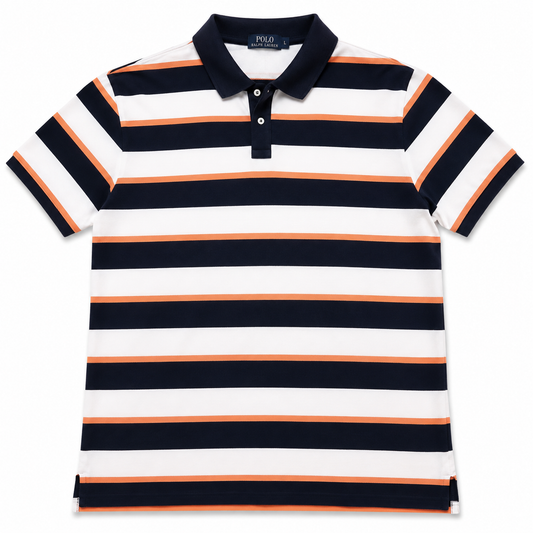 Authentic Polo Ralph Lauren White Navy Striped Polo Shirt Orange Trim Size L